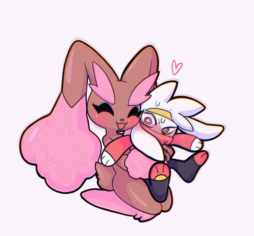 &lt;3 :3 ambiguous_gender blush bodily_fluids brown_body brown_fur carrying_another carrying_partner chromatic_aberration cotton_tail covered_mouth duo embrace eyes_closed feral fluffy fluffy_ears flustered fur generation_4_pokemon generation_8_pokemon glistening glistening_body hair hi_res hug hugging_from_behind lagomorph leporid long_ears lopunny mammal mayhemexe nervous nintendo o_0 on_ground open_mouth pink_hair pokemon pokemon_(species) rabbit raboot shaded shiny_pokemon simple_background simple_shading size_difference sweat sweatdrop teary_eyes white_hair wide_eyed