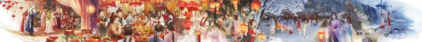 6+boys 6+girls absurdres bowing bridge brown_hair building chinese_clothes firecrackers food frozen_lake fruit hair_bun happy_new_year headband highres holding holding_hands holding_stick incredibly_absurdres kui_daidai lantern long_hair lotus_lantern multiple_boys multiple_girls old old_woman orange_(fruit) original party rock scroll snowing stick table wide_image