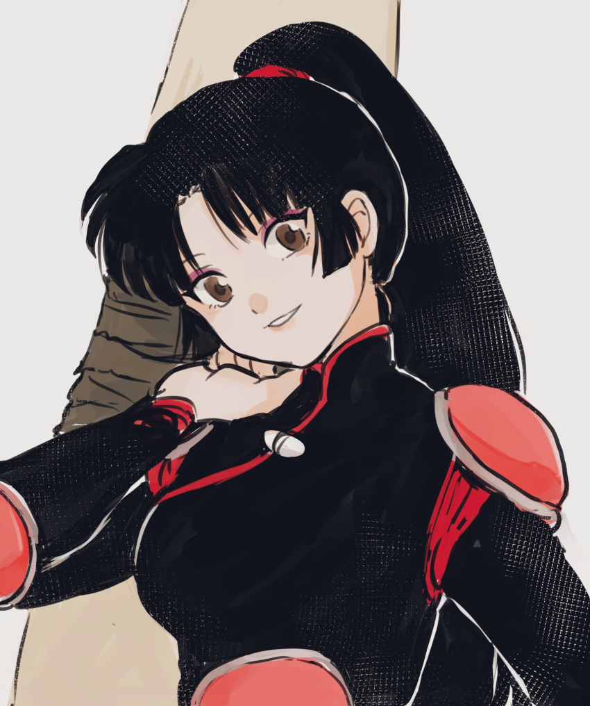 1girl armor bangs black_bodysuit black_hair bodysuit boomerang brown_eyes eyeliner highres holding holding_weapon inuyasha looking_at_viewer makeup pink_eyeliner ponytail sango shoulder_armor smile solo upper_body weapon white_background zuchi_wan