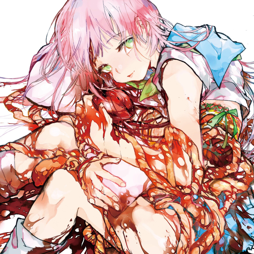 1girl album_cover blood blood_in_hair blood_on_arm blood_on_clothes blood_on_leg blue_sailor_collar blue_skirt cover entrails feet_out_of_frame green_eyes guro heart_(organ) highres holding_entrails light_smile long_hair looking_at_viewer nanjiyibei object_hug organs original pillow pillow_hug pink_hair sailor_collar shirt short_sleeves skirt socks solo white_background white_shirt white_socks