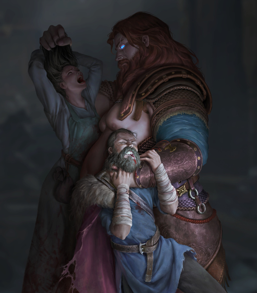 1girl 2boys armor b03di bare_pectorals beard belt belt_pouch blood blood_from_mouth blood_on_face blue_eyes bullying cape commentary english_commentary facial_hair glowing god_of_war god_of_war_ragnarok grabbing_another's_hair highres long_beard long_hair multiple_boys pectorals pouch ragnarok_online red_cape red_hair scar scar_on_face shoulder_armor strangling thor_(god_of_war)