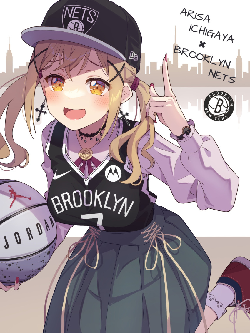 1girl ball bang_dream! baseball_cap basketball basketball_jersey blindfold bobby_socks breasts brooklyn_nets cross cross_earrings earrings green_skirt hair_ornament hat highres holding holding_ball ichigaya_arisa index_finger_raised jewelry light_brown_hair long_hair long_skirt long_sleeves looking_at_viewer medium_breasts national_basketball_association necklace open_mouth purple_shirt raised_eyebrows red_footwear shirt shirt_tucked_in shoes skirt smile sneakers socks solo tank_top twintails watch white_socks wristwatch x_hair_ornament yazawa_happyaro yellow_eyes