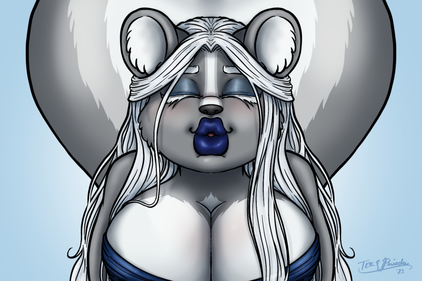 anthro big_breasts breasts cleavage clothed clothing digital_media_(artwork) eyes_closed female first_person_view fur hi_res incoming_kiss kissing kissing_pov kissy_face lips lipstick makeup mammal mephitid princess puckered_lips royalty serena_(tekandprieda) simple_background skunk solo story_at_source tekandprieda_(artist) the_rune_tapper thick_lips