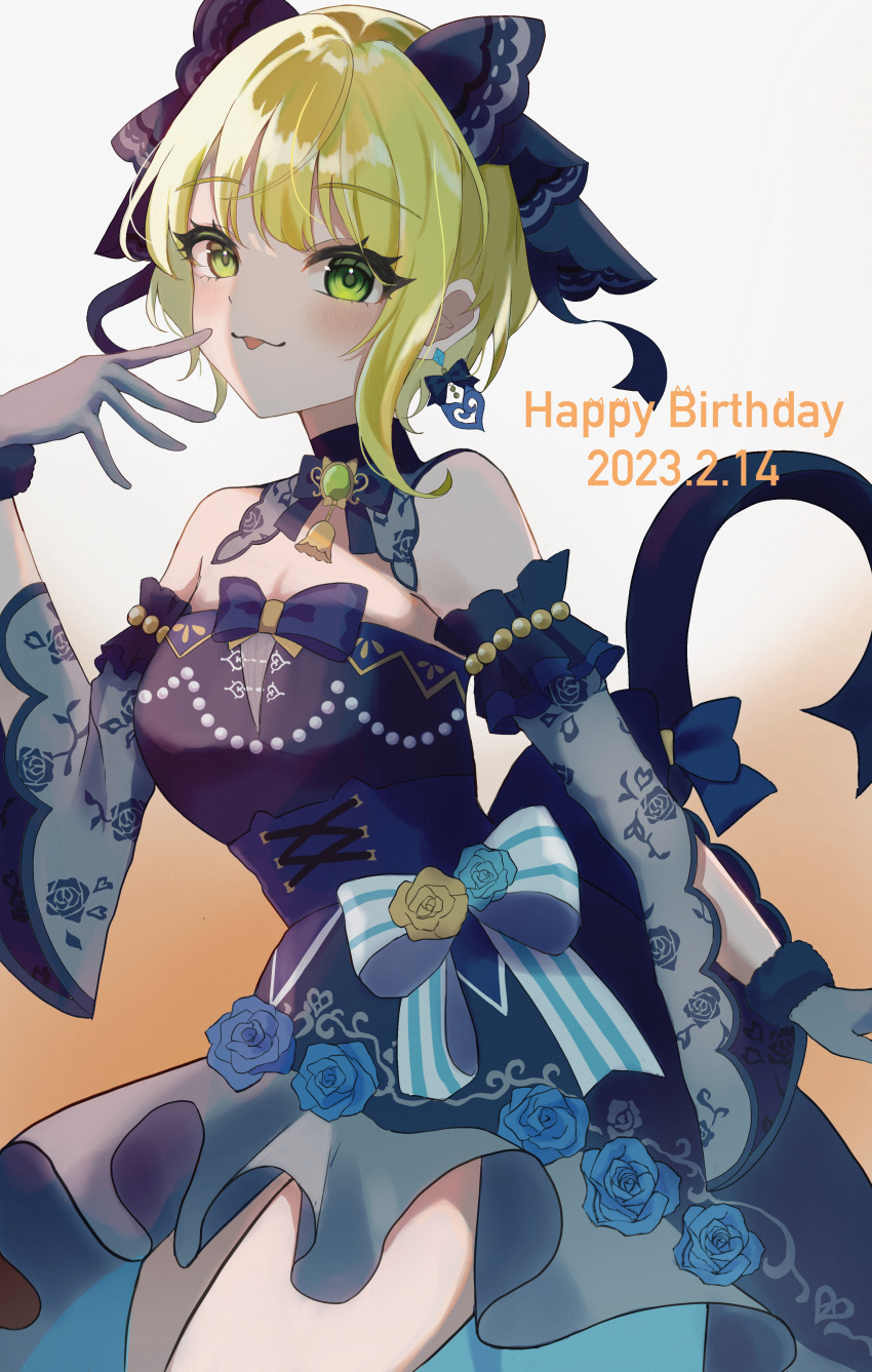 1girl absurdres animal_ears bell blonde_hair blue_flower blue_rose blush bow breasts cat_tail cleavage dated detached_collar detached_sleeves floral_print flower flower_ornament fur-trimmed_gloves fur_trim gloves gradient_background green_eyes hand_to_own_mouth happy_birthday highres idolmaster idolmaster_cinderella_girls looking_at_viewer medium_breasts miyamoto_frederica neck_bell pona_(min_817min) rose simple_background smile solo tail tail_bow tail_ornament tongue tongue_out
