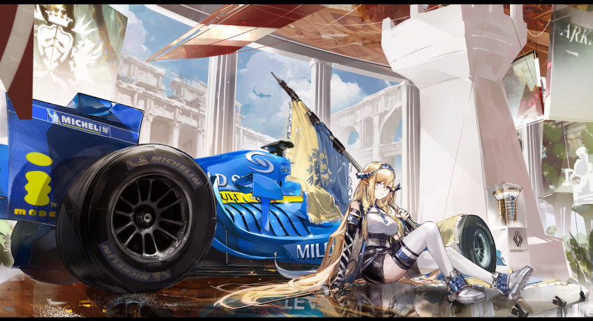 1girl absurdly_long_hair arknights bangs banner bare_shoulders black_gloves black_skirt blonde_hair blue_eyes blue_hairband breasts car commentary dragon_horns dragon_tail earrings elbow_gloves fingerless_gloves flag full_body gloves ground_vehicle hair_spread_out hairband high-waist_skirt highres holding holding_flag horns indoors jewelry knee_up large_breasts long_hair looking_at_viewer matsuura_kagami mixed-language_commentary motor_vehicle pointy_ears race_vehicle racecar reflective_floor renault_r25 saileach_(arknights) shirt sitting skirt solo tail thighhighs very_long_hair white_shirt white_thighhighs