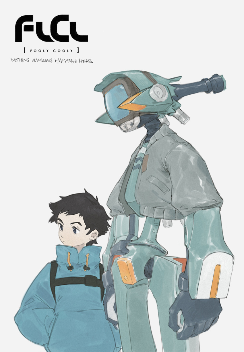 1boy absurdres arms_at_sides black_hair blue_eyes blue_sweater canti closed_mouth clothed_robot copyright_name english_text flcl grey_jacket hands_in_pockets highres humanoid_robot jacket looking_away nandaba_naota robot short_hair standing sweater torio02446440 white_background