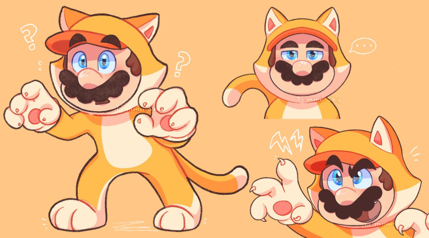 1boy ? blue_eyes brown_hair cat_mario facial_hair mario mario_(series) multiple_views mustache open_mouth orange_background short_hair simple_background super_bell_(transformation) temmiesky