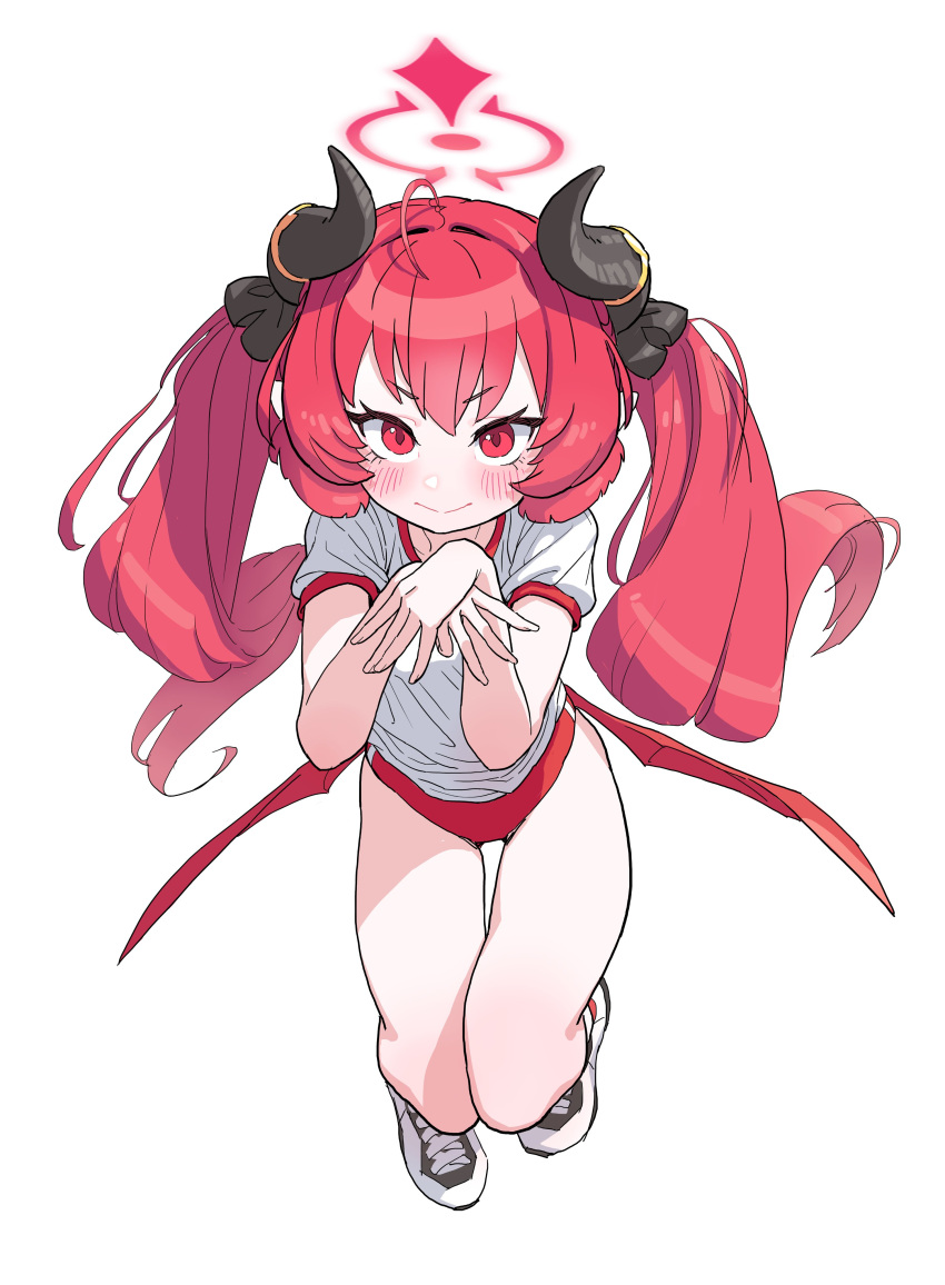 1girl absurdres ahoge bangs black_bow blue_archive blush bow buruma closed_mouth commentary_request dangling demon_horns demon_wings fopota full_body gym_uniform hair_bow halo highres horns junko_(blue_archive) long_hair looking_at_viewer red_buruma red_eyes red_hair shirt shoes short_sleeves sidelocks smile sneakers solo thigh_gap thighs twintails white_shirt wings