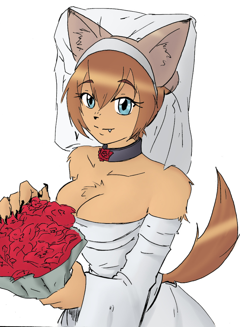 1girl animal_ears artist_request bouquet breasts bridal_veil bride chest_tuft choker claws cleavage collarbone detached_sleeves dog_ears dog_girl dog_tail dress fang fang_out fingernails flower furry furry_female greyscale highres holding holding_bouquet large_hands long_fingernails monochrome monster_musume_no_iru_nichijou non-web_source off-shoulder_dress off_shoulder petals polt red_flower red_rose rose sharp_fingernails short_hair sketch smile solo tail veil wedding wedding_dress white_dress