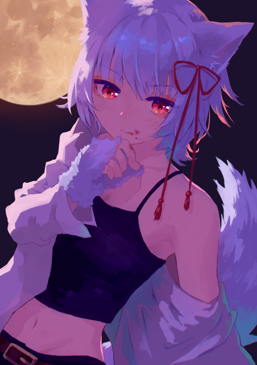 1girl animal_ears bangs belt belt_buckle black_shirt blood blood_on_face blood_on_hands breasts brown_belt buckle closed_mouth commentary crop_top cropped_shirt fingerless_gloves full_moon fur_gloves gloves glowing glowing_eyes hair_ornament highres inubashiri_momiji licking_lips long_sleeves looking_at_viewer medium_hair midriff moon navel night off_shoulder open_clothes open_shirt outdoors red_eyes shirt single_bare_shoulder sleeveless sleeveless_shirt small_breasts solo spaghetti_strap tail tongue tongue_out touhou white_gloves white_hair white_shirt wolf_ears wolf_girl wolf_tail yamabuki_(yamabuki_xxxxx)