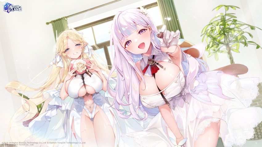 2girls absurdres armpits azur_lane bangs bare_arms bare_shoulders between_breasts blonde_hair blue_eyes breasts brest_(azur_lane) candy center_opening chocolate cleavage cleavage_cutout clothing_cutout dress flower food grin hands_up heart heart-shaped_chocolate highleg highres holding huge_breasts kanola_u large_breasts leaning_forward long_hair looking_at_viewer multiple_girls navel official_art open_mouth outstretched_arm parted_bangs pink_eyes plymouth_(azur_lane) pointy_ears revealing_clothes rose skindentation sleeveless sleeveless_dress smile stomach thigh_gap thighs underboob valentine very_long_hair white_dress white_hair