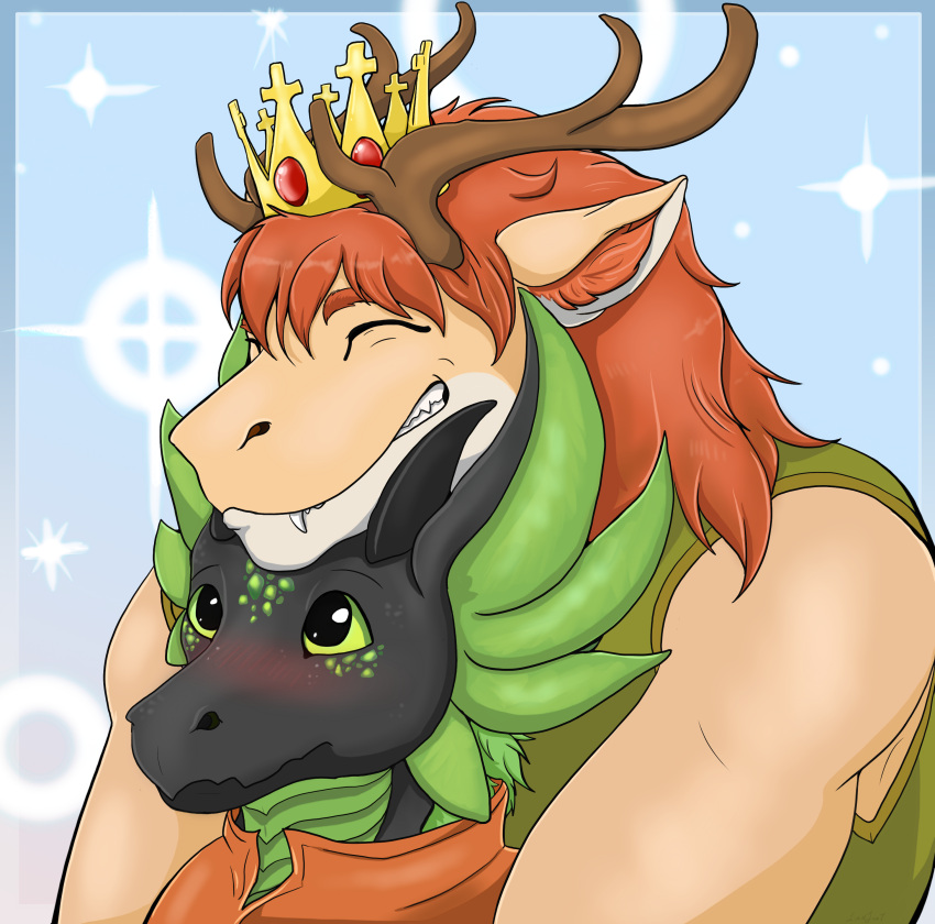 absurd_res anthro antlers athletic athletic_male blush chin_on_head close-up crown day dragon duo embrace eyes_closed fangs gift glistening glistening_body glistening_scales grin headgear hi_res horn hug hugging_from_behind kyukyu livenlove7 looking_at_another male mane medieval medieval_clothing muscular muscular_male prince prince_borgon royalty scales size_difference smile teeth tender