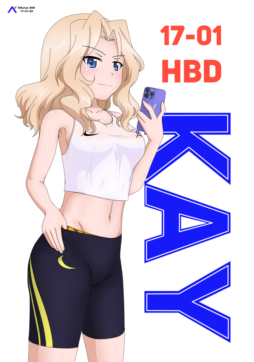 1girl absurdres acronym acrux artist_logo bike_shorts black_shorts blonde_hair blue_eyes cellphone character_name closed_mouth commentary cowboy_shot dated emblem english_commentary girls_und_panzer groin hair_intakes happy_birthday highres holding holding_phone kay_(girls_und_panzer) looking_at_viewer medium_hair midriff navel phone saunders_(emblem) shirt shorts simple_background smartphone smile solo standing tank_top thumb_in_beltline white_background white_shirt