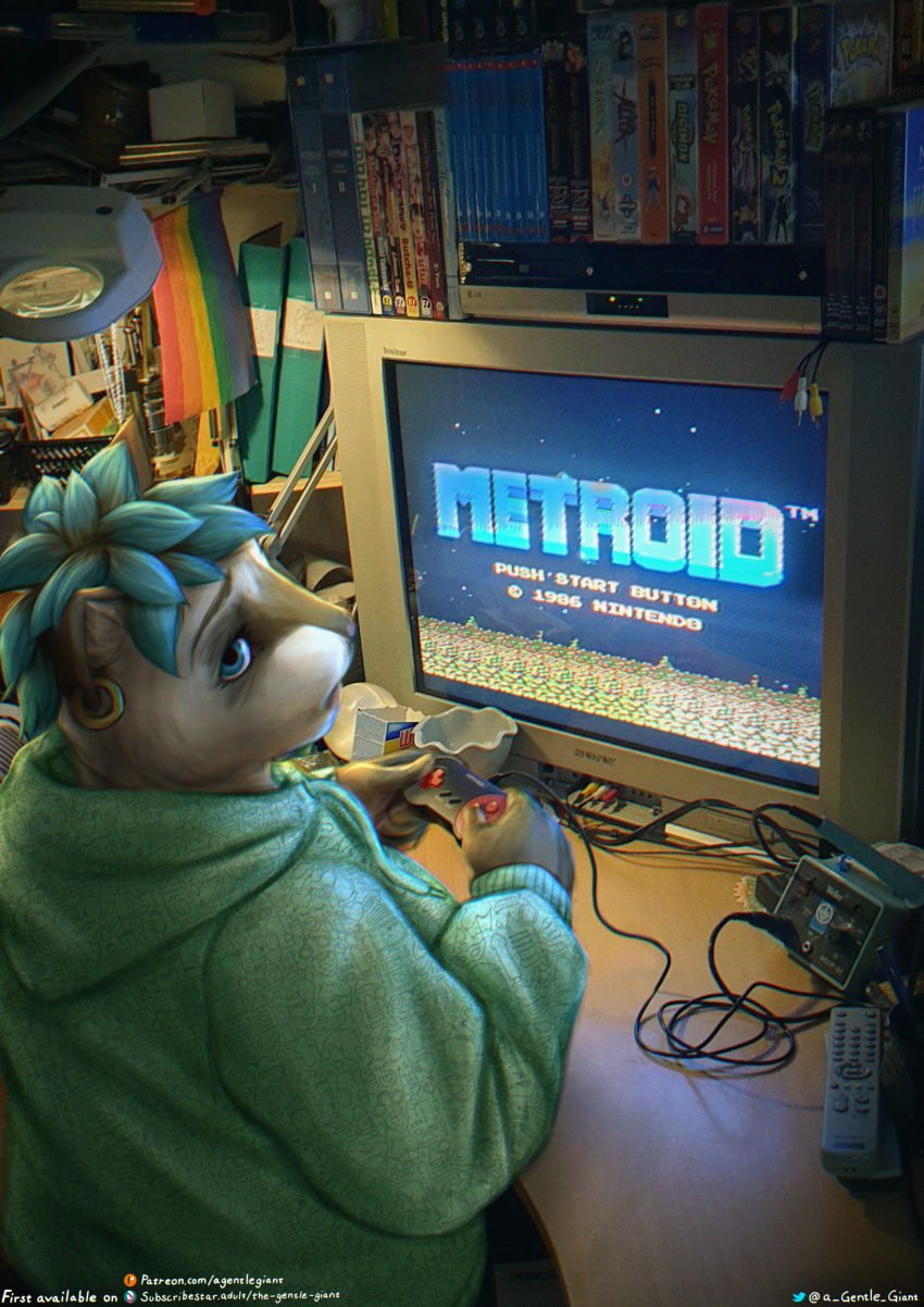 absurd_res anthro blue_hair clothed clothing controller crt domestic_cat ear_piercing felid feline felis female game_controller game_screen gaming hair hermia_idril hi_res looking_at_viewer mammal metroid nintendo piercing playing_videogame pride_color_flag retro retro_console retro_controller siamese solo television the_gentle_giant trans_(lore) trans_woman_(lore)