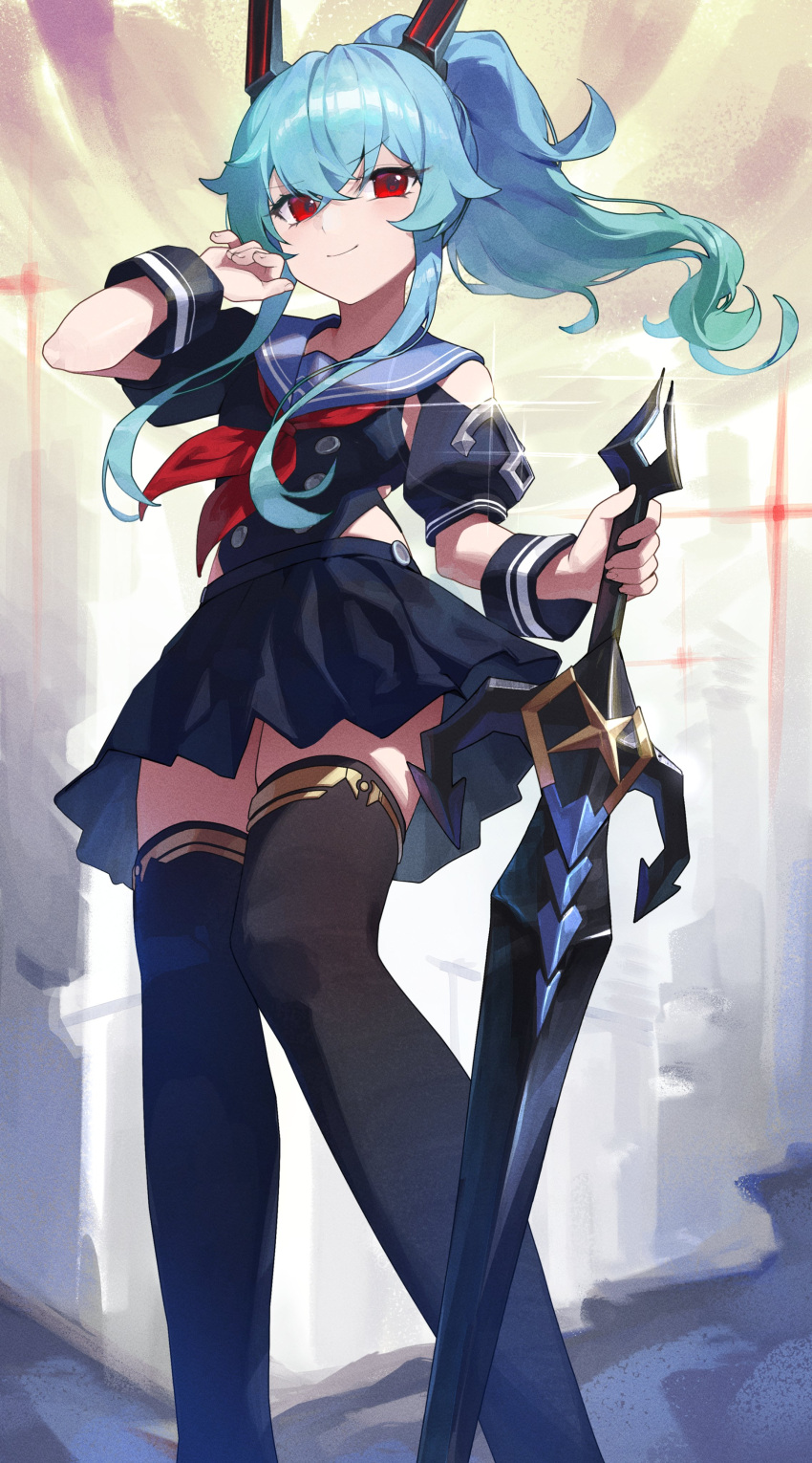 1girl absurdres arm_up armpit_cutout black_serafuku black_shirt black_skirt black_thighhighs blue_hair buttons closed_mouth clothing_cutout feet_out_of_frame glint gradient_hair highres holding holding_sword holding_weapon long_hair looking_at_viewer mechanical_ears miniskirt multicolored_hair neckerchief original pleated_skirt ponytail red_eyes reverse_grip sailor_collar sbgu school_uniform serafuku shirt shoulder_cutout side_cutout skirt smile solo standing sword thighhighs v-shaped_eyebrows weapon wrist_cuffs zettai_ryouiki