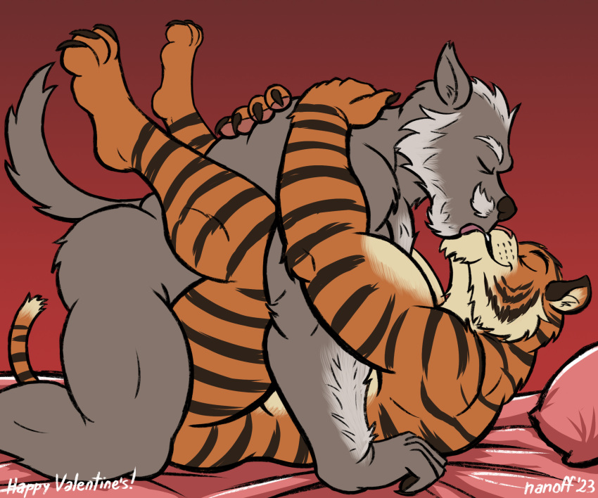 age_difference anal anthro bed boomer_(nanoff) canid canine canis duo felid furniture hi_res holidays kissing legs_up lying male male/male mammal miles_(nanoff) musclegut muscular muscular_male nanoff on_back pantherine side_view tiger tongue valentine's_day wolf