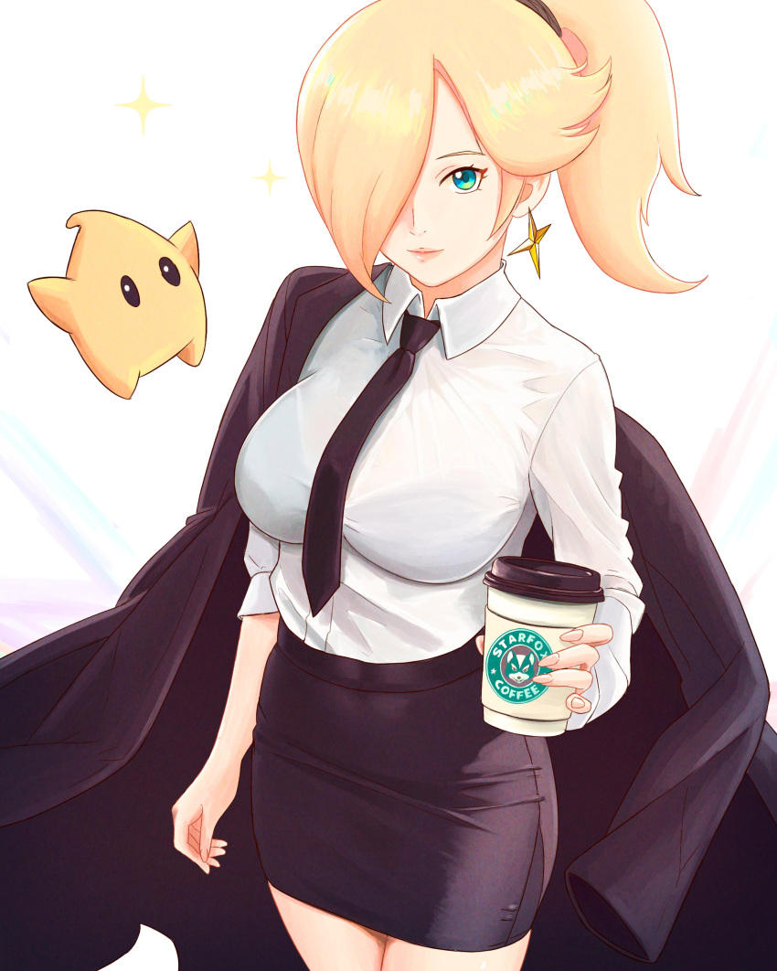 1girl absurdres black_jacket black_necktie black_skirt blonde_hair blue_eyes coffee earrings hair_over_one_eye highres jacket jewelry looking_at_viewer luma_(mario) mario_(series) necktie rosalina shirt simple_background skirt starbucks truejekart white_shirt