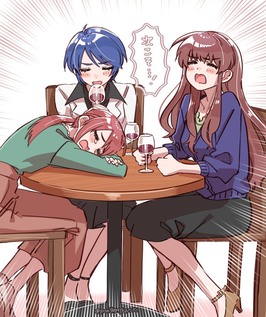 3girls alcohol blue_hair blush blush_stickers brown_hair clenched_hands crossed_arms crying cup drinking_glass emphasis_lines hattori_toko head_rest highres idolmaster idolmaster_cinderella_girls long_hair mifune_miyu multiple_girls on_chair pon_(ponymmtknsk) ponytail short_hair simple_background sitting straight_hair table tears translation_request twitter_username very_long_hair wakui_rumi wine wine_glass wooden_table