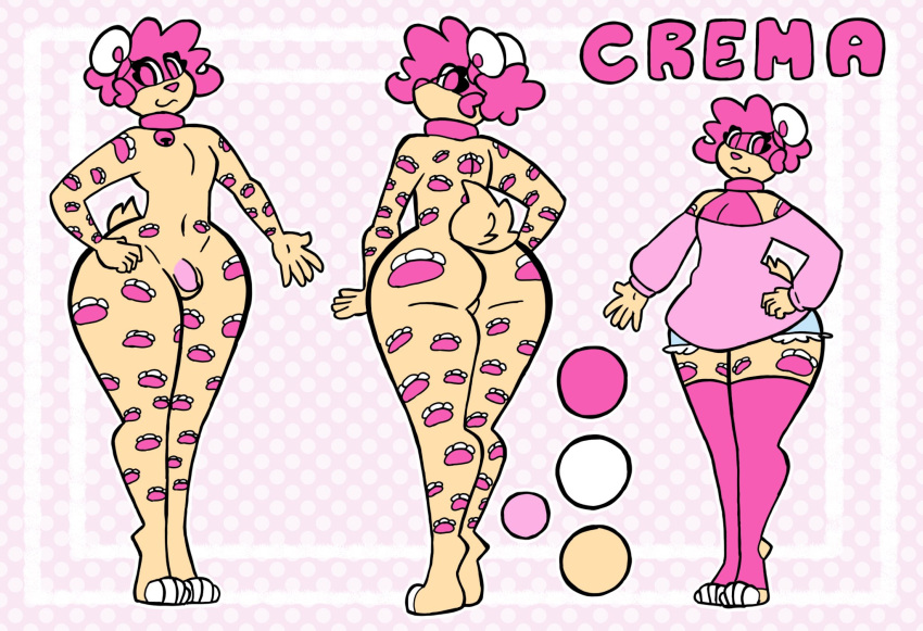 anthro bell bell_collar bottomwear butt clothing collar cremacat felid footprint front_view genitals girly gynomorph hair hand_on_hip hi_res intersex jaguar mammal model_sheet nude pantherine pawprint penis pink_clothing pink_eyes pink_hair rear_view shorts simple_background solo standing sweater tail tail_tuft tigh_highs topwear trans_(lore) trans_woman_(lore) tuft