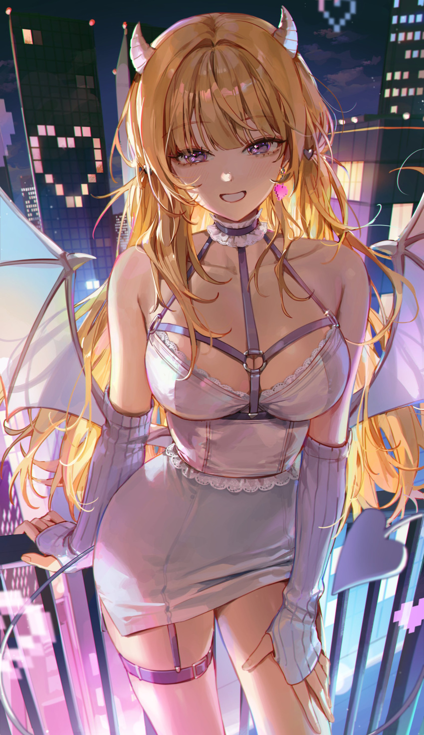 1girl absurdres bangs bare_shoulders blonde_hair blush breasts building choker cleavage demon_girl demon_horns demon_tail demon_wings dress earrings elbow_gloves fingerless_gloves frilled_choker frills gloves heart highres horns jewelry kellymonica02 large_breasts long_hair looking_at_viewer night o-ring original outdoors purple_hair skirt smile solo tail teeth wings