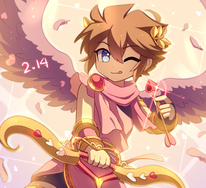 1boy ;) angel angel_wings arrow_(projectile) bangs bike_shorts bow bow_(weapon) brown_hair dated english_commentary enni glint hair_between_eyes heart heart_arrow highres holding holding_arrow holding_bow_(weapon) holding_weapon kid_icarus kid_icarus_uprising licking_lips one_eye_closed pit_(kid_icarus) smile solo tongue tongue_out valentine weapon wings