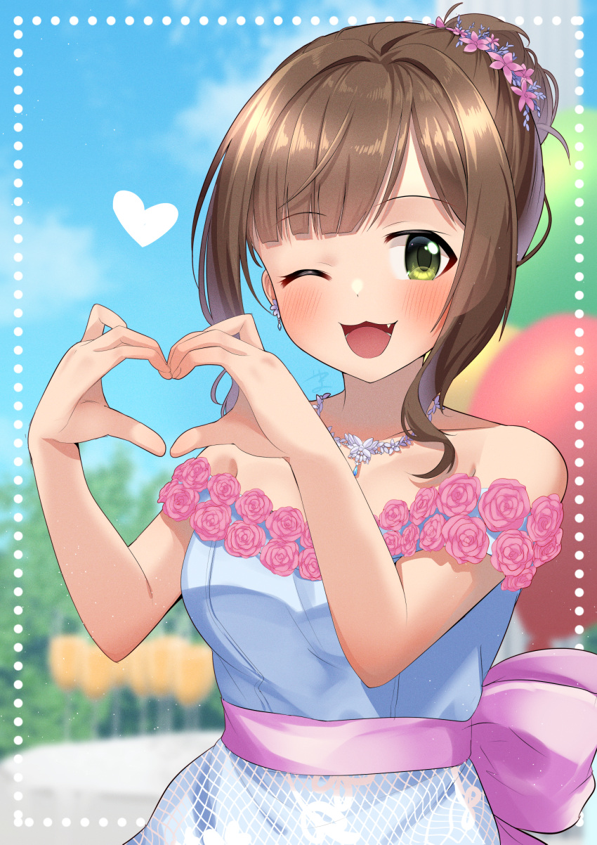 1girl :3 ;d back_bow balloon bangs blunt_bangs blurry blurry_background blush bow brown_hair cup day dress dress_flower drinking_glass earrings fang flower green_eyes hair_bun hair_flower hair_ornament heart heart_hands highres idolmaster idolmaster_cinderella_girls jewelry looking_at_viewer maekawa_miku necklace off-shoulder_dress off_shoulder one_eye_closed open_mouth outdoors rose sash sky smile solo swepot