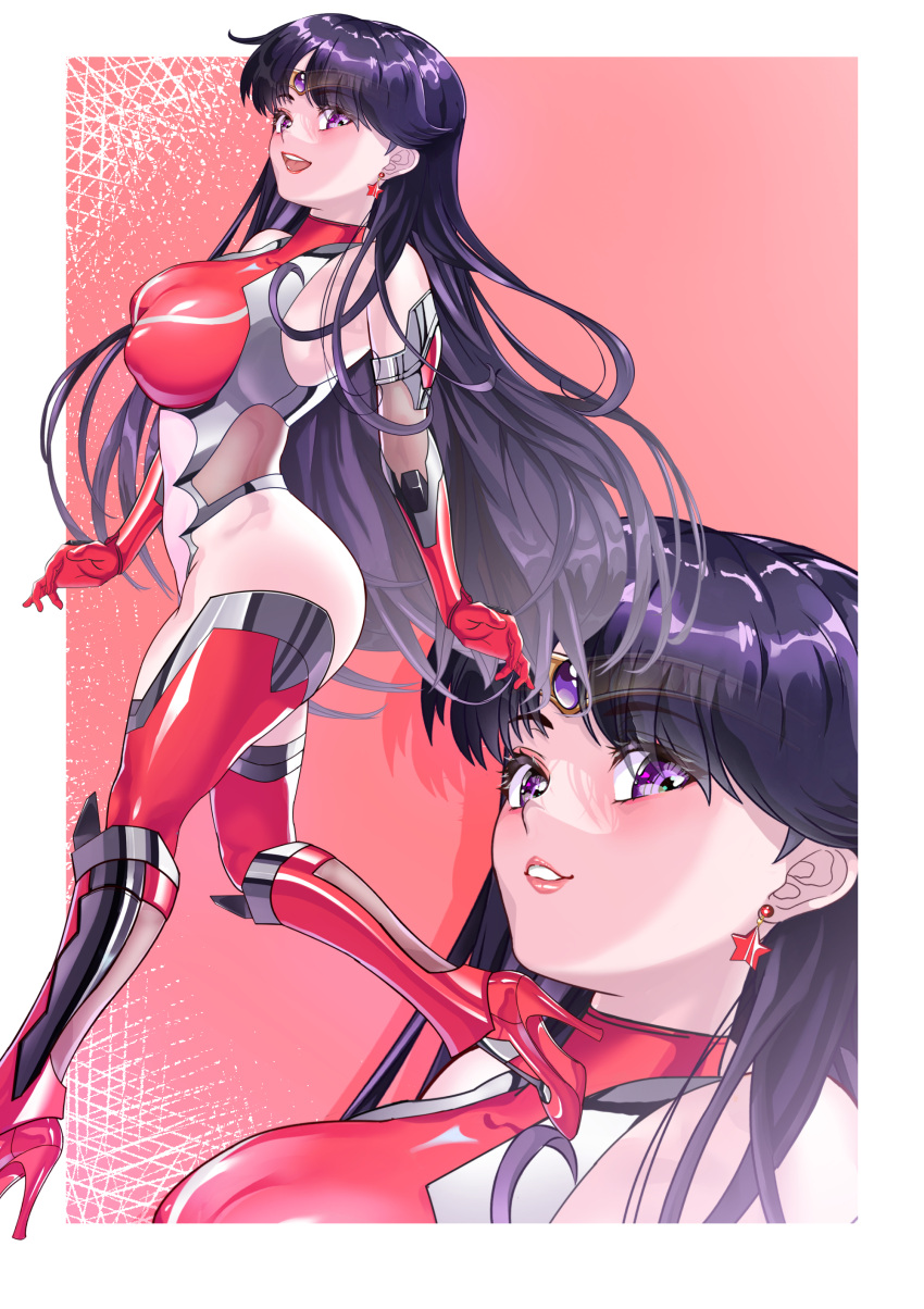 1girl absurdres arion_canvas armpits bangs bishoujo_senshi_sailor_moon black_hair bodysuit breasts circlet elbow_gloves gem gloves high_collar high_heels highres hino_rei large_breasts leotard lips long_hair purple_eyes purple_gemstone red_leotard revision sailor_mars skin_tight solo taimanin_(series) taimanin_suit thick_thighs thighhighs thighs