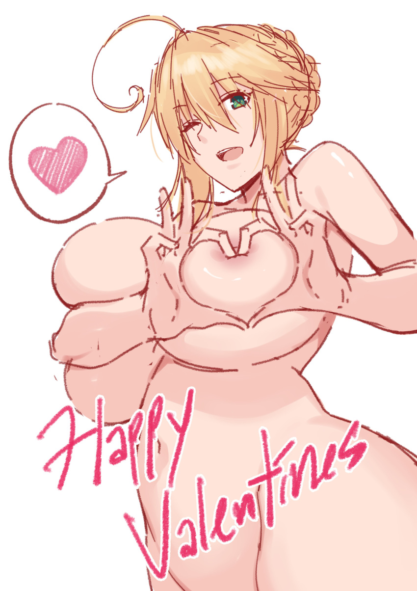 1girl absurdres ahoge artoria_pendragon_(fate) artoria_pendragon_(lancer)_(fate) bangs blonde_hair blush breasts commentary english_commentary happy_valentine heart heart_hands highres large_breasts long_hair looking_at_viewer nekosama_shugyouchuu nipple_slip nipples nude open_mouth signature simple_background smile solo white_background