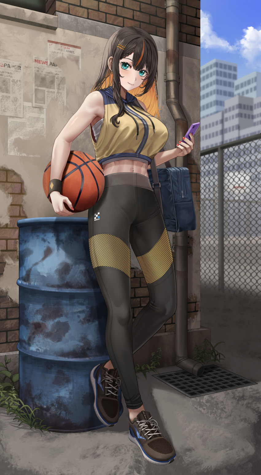 1girl aqua_eyes bag ball bangs bare_shoulders basketball black_footwear black_hair black_pants blush breasts chain-link_fence closed_mouth commentary commission drum_(container) english_commentary fence full_body hair_ornament hairclip highres holding holding_ball holding_phone large_breasts long_hair looking_at_viewer multicolored_hair original outdoors pants phone shoes shoulder_bag silvertsuki smile sneakers solo streaked_hair thighs two-tone_hair wristband