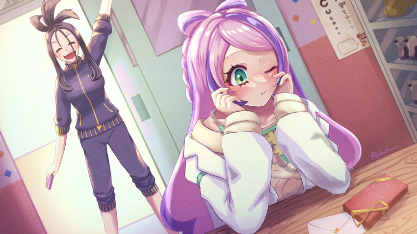 2girls :d arm_up bangs blush box capri_pants closed_eyes closed_mouth coat commentary_request dendra_(pokemon) eyelashes gift gift_box green_eyes highres indoors jacket long_hair miriam_(pokemon) multiple_girls one_eye_closed open_clothes open_coat open_mouth pants pokemon pokemon_(game) pokemon_sv purple_hair ryoku_illus shelf smile sweater table valentine white_coat yellow_sweater