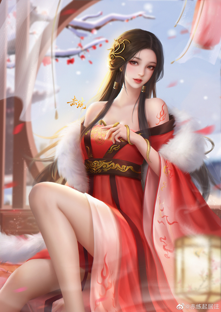 1girl absurdres bare_legs bare_shoulders bare_tree chi_lian_(qin_shi_ming_yue) chinese_clothes coat curtains dress fur-trimmed_coat fur_trim highres ji_hui_zhaoxi lantern leg_up looking_at_viewer off-shoulder_dress off_shoulder parted_lips qin_shi_ming_yue red_dress second-party_source smoke snake snow solo teeth tree