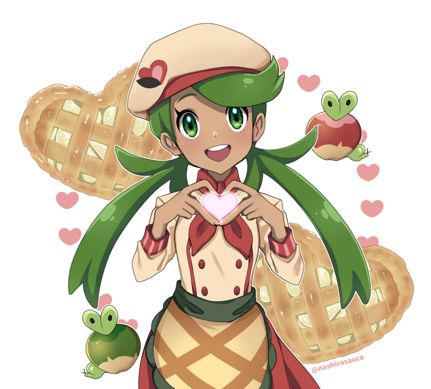 1girl alternate_color applin ascot dark-skinned_female dark_skin finger_heart food green_eyes green_hair heart looking_at_viewer mallow_(palentine's_2023)_(pokemon) mallow_(pokemon) nashirasauce official_alternate_costume open_mouth pie pokemon pokemon_(creature) pokemon_(game) pokemon_masters_ex shiny_pokemon simple_background smile tail twintails twitter_username white_background