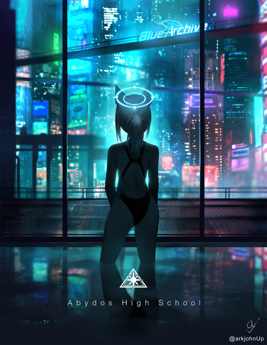 1girl animal_ears ark_john_up blue_archive building city city_lights cityscape competition_swimsuit condensation copyright_name from_behind halo highres indoors logo night one-piece_swimsuit ponytail pool reflection reflective_water shiroko_(blue_archive) shiroko_(swimsuit)_(blue_archive) skyscraper solo standing swimsuit twitter_username water