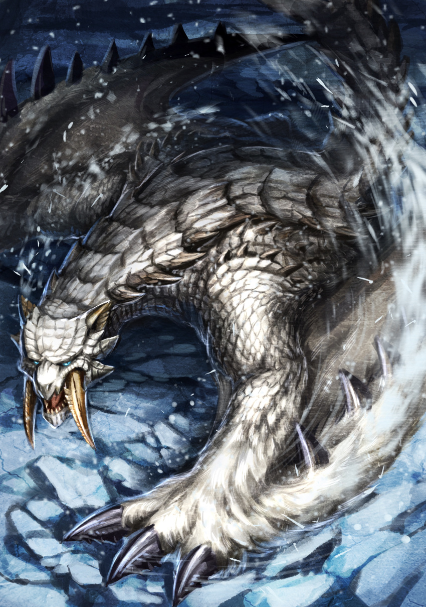 absurdres barioth blue_eyes claws highres ice keselum_(neganeura) monster monster_hunter_(series) monster_hunter_rise no_humans open_mouth outdoors snow tusks