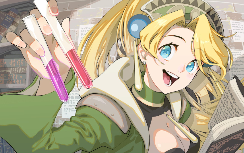 1girl :d atelier_(series) atelier_marie blonde_hair blue_eyes blush book book_stack breasts brick_wall cape cleavage earrings flask green_cape green_headwear hair_intakes highres holding holding_flask hood jewelry long_hair long_sleeves looking_at_viewer marie_(atelier) medium_breasts open_book open_mouth paper shiomiya_iruka smile solo teeth upper_body