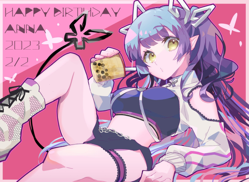 1girl 774_inc. bangs black_skirt black_tube_top blunt_bangs boots breasts bubble_tea closed_mouth clothing_cutout commentary_request crop_top cup dated demon_girl demon_horns demon_tail expressionless fishnet_footwear fishnets foot_out_of_frame happy_birthday highres holding holding_cup horns jacket kojo_anna kuzuhana lace_trim long_hair long_sleeves looking_at_viewer medium_breasts midriff o3o official_alternate_costume pointy_ears purple_hair shoulder_cutout shrug_(clothing) skirt solo strapless tail thigh_strap tube_top virtual_youtuber white_footwear white_jacket yellow_eyes