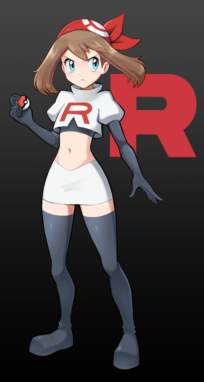 1girl absurdres aqua_eyes bandana bangs black_footwear black_gloves black_shirt boots brown_hair closed_mouth commission cosplay cropped_jacket elbow_gloves frown full_body gloves gradient_background grey_background hand_up highres holding holding_poke_ball jacket jessie_(pokemon) jessie_(pokemon)_(cosplay) logo may_(pokemon) mr.thunderigor navel poke_ball poke_ball_(basic) pokemon pokemon_(anime) pokemon_rse_(anime) red_bandana shirt short_sleeves skirt solo standing team_rocket team_rocket_uniform thigh_boots white_jacket white_skirt