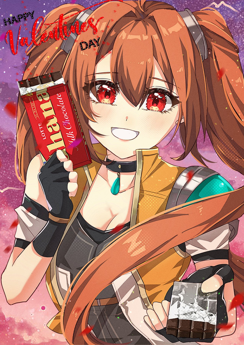 1girl brown_hair candy chocolate chocolate_bar cropped_jacket eiyuu_densetsu estelle_bright fingerless_gloves food gloves hajimari_no_kiseki highres holding holding_food jewelry long_hair looking_at_viewer necklace open_mouth portrait red_eyes sen_no_kiseki sen_no_kiseki_iv smile solo sora_no_kiseki twintails zer00han