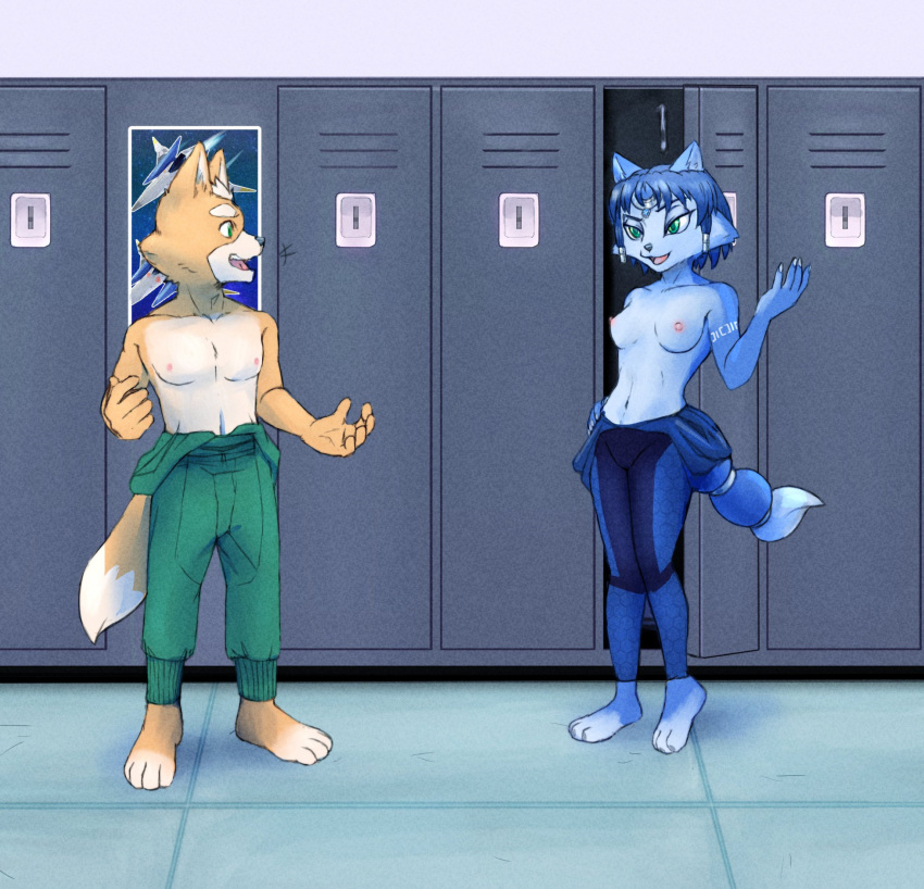 2023 4_toes 5_fingers anthro arm_markings barefoot black_nose blue_body blue_fur blue_hair bodysuit breasts canid canine clothed clothing digital_media_(artwork) duo feet female fingers fox fox_mccloud fur hair hi_res hindpaw humanoid_hands kokoro-tokoro krystal locker locker_room lying male mammal markings multicolored_body multicolored_fur navel nintendo nipples open_mouth open_smile orange_body orange_fur paws skinsuit smile standing star_fox tight_clothing toes topless topless_anthro topless_female topless_male two_tone_body two_tone_fur white_body white_fur white_hair white_markings