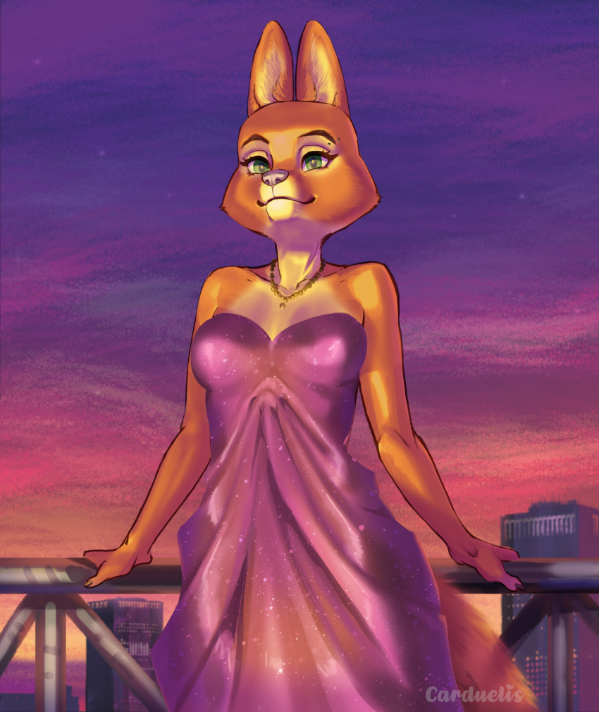 2023 anthro artist_name canid canine carduelis clothing diane_foxington dreamworks dress female fox fur green_eyes hi_res mammal outside rooftop smile solo the_bad_guys