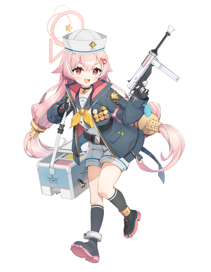 1girl absurdres ankle_cuffs badge bag bangs belt blue_hair blush button_badge charm_(object) choker cooler dixie_cup_hat fingerless_gloves fish_charm food full_body gloves gun hair_flaps hair_ornament hairclip halo hat hat_pin highres holding holding_gun holding_strap holding_weapon ice_cream jacket jewelry leaning_forward long_hair long_sleeves looking_at_viewer low_twintails mearyo military_hat multicolored_hair neckerchief open_mouth original pendant pink_hair red_eyes sailor_collar shoes shorts smile socks solo streaked_hair thick_eyebrows twintails v-shaped_eyebrows very_long_hair walking weapon zipper zipper_pull_tab