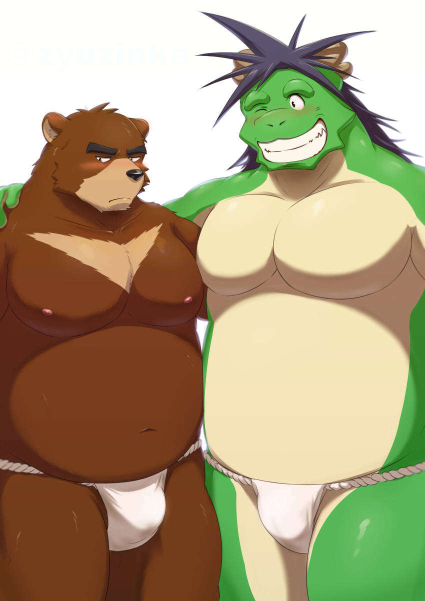 2023 absurd_res anthro arm_around_shoulders asian_clothing bear belly big_belly black_mane black_nose blush brown_body brown_fur bulge chest_markings clothed clothing countershade_arms countershade_legs countershade_snout countershade_torso countershading dragon duo east_asian_clothing embrace fundoshi fundoshi_only fur green_body green_skin hi_res horn japanese_clothing juuichi_mikazuki kemono male male/male mammal mane markings morenatsu navel nipples one_eye_closed overweight overweight_anthro overweight_male pecs pink_nipples ry_o sharp_teeth snout tan_body tan_countershading tan_fur tan_skin tatsuki_(morenatsu) teeth underwear underwear_only white_clothing white_fundoshi white_underwear wink