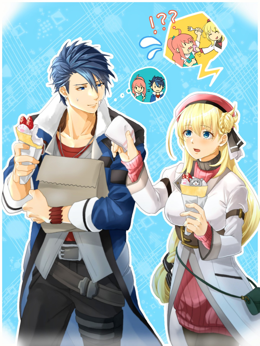 1boy 1girl agnes_claudel bag belt belt_buckle beret black_hair blonde_hair blue_eyes buckle coat eiyuu_densetsu food hair_bun handkerchief hat highres holding holding_bag holding_food ice_cream_crepe kuro_no_kiseki mikamikiseki mishy sweater van_arkride