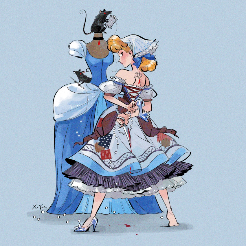 1girl back_tattoo blonde_hair blood blood_drip blood_on_knife blood_on_weapon blue_background blue_dress cinderella cinderella_(disney) commentary disney dress facing_away high_heels highres holding holding_knife holding_weapon kiddo_hah knife looking_at_viewer looking_back mouse patchwork_clothes simple_background tattoo weapon