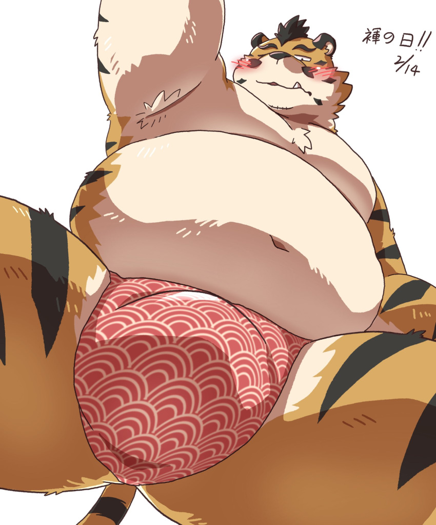 2023 anthro asian_clothing belly big_belly blush bulge clothing east_asian_clothing felid fundoshi fundoshi's_day hi_res hon55728 japanese_clothing japanese_text kemono male mammal moobs navel overweight overweight_male pantherine red_clothing red_fundoshi red_underwear solo text tiger underwear