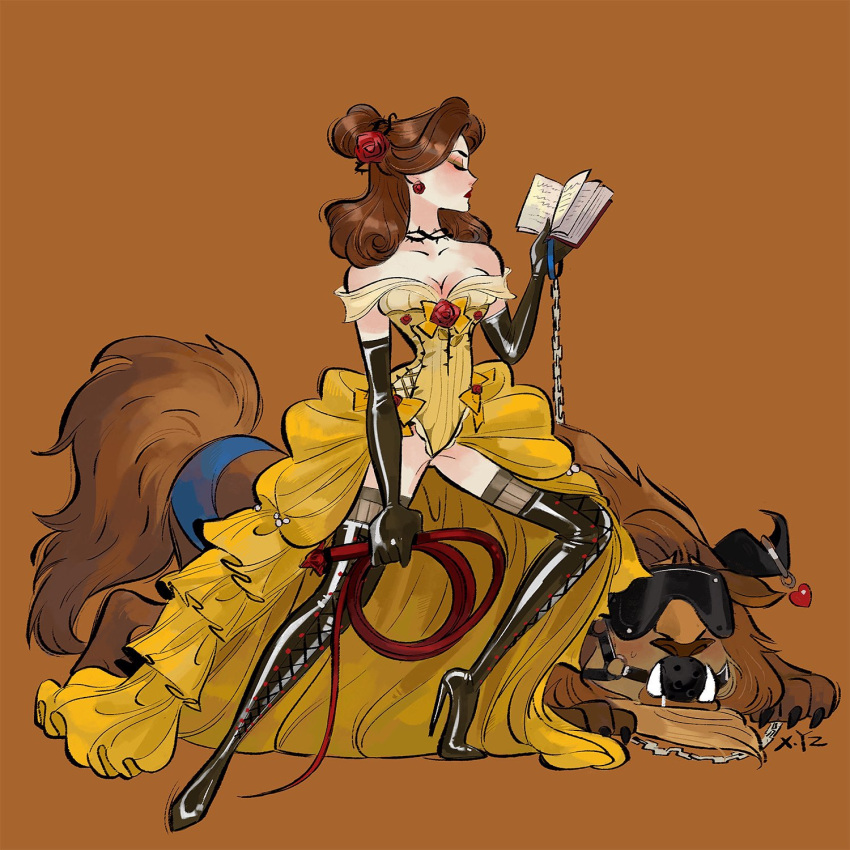 1boy 1girl ball_gag beast_(disney) beauty_and_the_beast belle_(disney) black_choker black_footwear black_gloves blindfold book boots briar_choker brown_background brown_hair choker commentary disney dominatrix dress elbow_gloves english_commentary femdom gag gloves highres holding holding_book holding_whip kiddo_hah leash simple_background thigh_boots yellow_dress