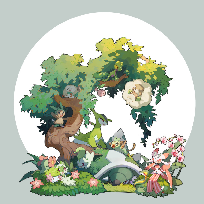 :d bellossom bird border bright_pupils bush cherubi chespin chikorita circle closed_eyes colored_sclera commentary facing_viewer flower foliage full_body grass grey_background grey_border grookey highres lanjiujiu leaf looking_at_another looking_down looking_up lurantis lying nature no_humans open_mouth pink_eyes pink_flower pink_sclera pokemon pokemon_(creature) rowlet shaymin shaymin_(land) sitting_on_branch sleeping smile snivy sprigatito teeth torterra treecko two-tone_background u_u upper_teeth_only virizion whimsicott white_background white_pupils