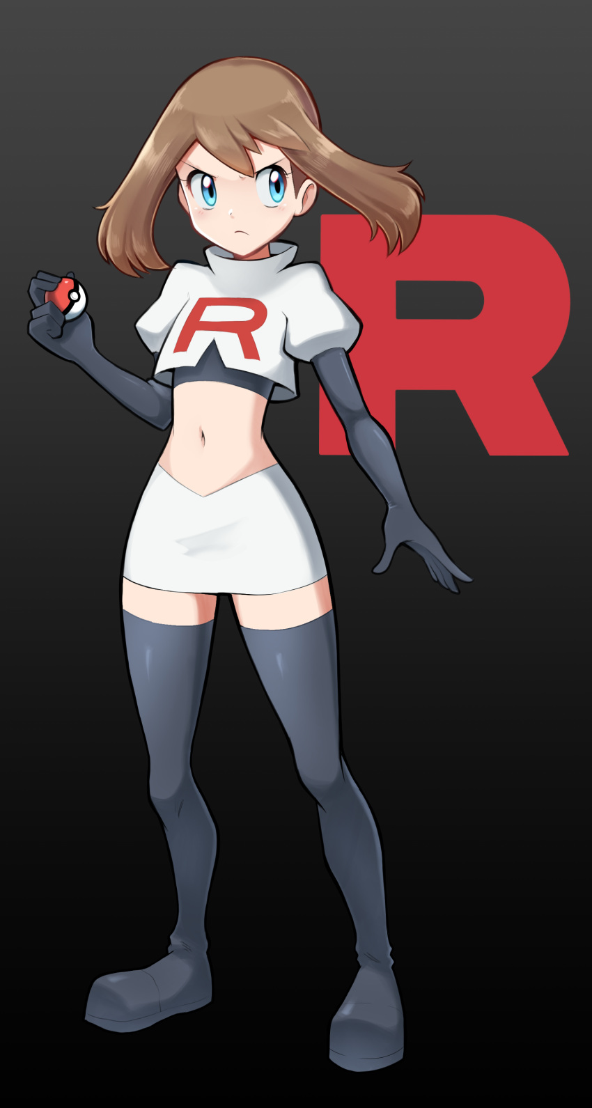 1girl absurdres aqua_eyes bangs black_footwear black_gloves black_shirt boots brown_hair closed_mouth commission cosplay cropped_jacket elbow_gloves frown full_body gloves gradient_background grey_background hand_up highres holding holding_poke_ball jacket jessie_(pokemon) jessie_(pokemon)_(cosplay) logo may_(pokemon) mr.thunderigor navel poke_ball poke_ball_(basic) pokemon pokemon_(anime) pokemon_rse_(anime) shirt short_sleeves skirt solo standing team_rocket team_rocket_uniform thigh_boots white_jacket white_skirt