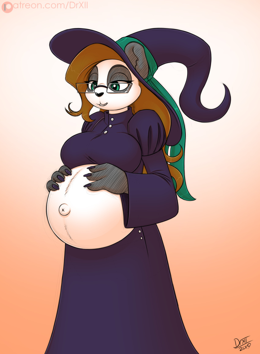 anthro bear belly big_belly big_breasts black_body black_fur breasts clothed clothing digital_media_(artwork) drxii eyewear female fur giant_panda glasses hair hat headgear headwear hi_res magic_user mammal pregnant simple_background smile solo white_body white_fur witch witch_hat