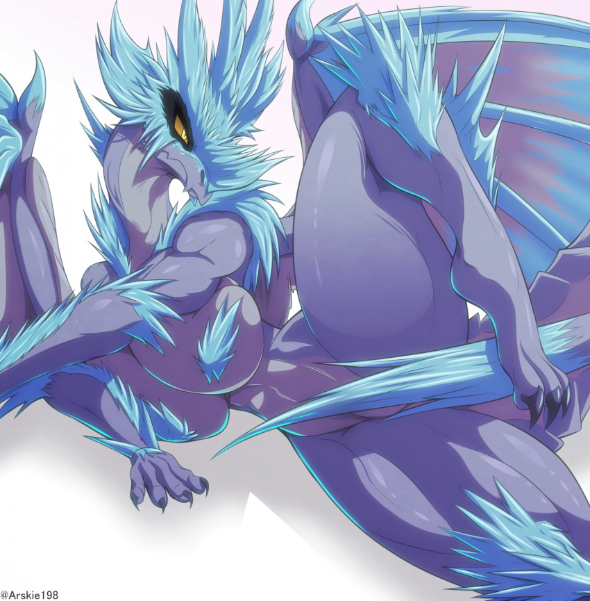 anthro arskatheman artist_name big_breasts breasts capcom claws digital_media_(artwork) dragon elder_dragon female hi_res horn lying membrane_(anatomy) membranous_wings monster_hunter nude on_side pose scales scalie simple_background thick_thighs velkhana western_dragon wings yellow_eyes
